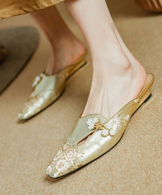 Chinese Style Gold Satin Jacquard Slide Sandals - Image 3