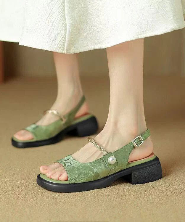 Chinese Style Green Chunky Heel Retro Sandals Peep Toe - Image 4