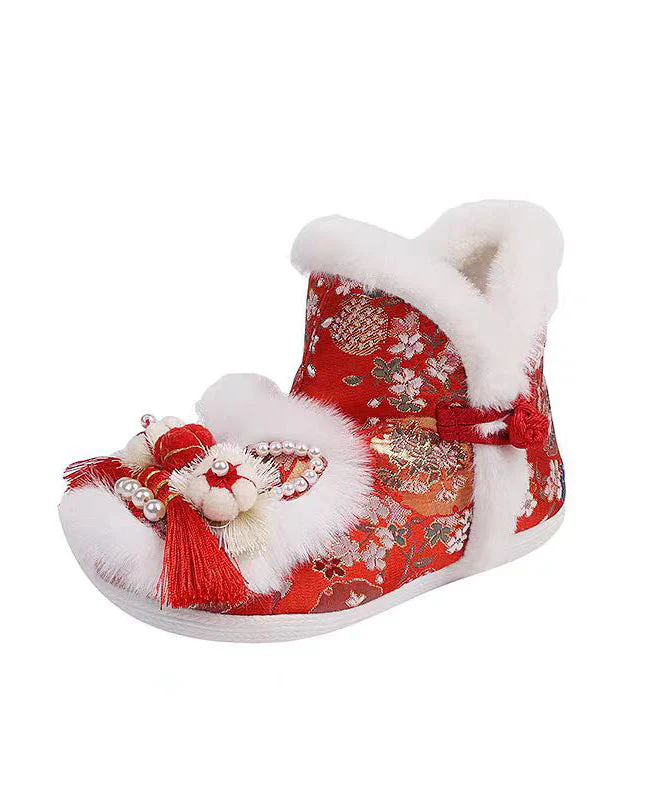Chinese Style Pink Embroidery Nail Bead Splicing Boots - Image 5