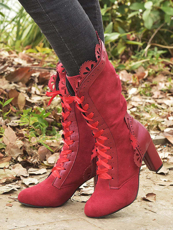 Chunky Heel Lace Up Mid Calf Boot - Image 10