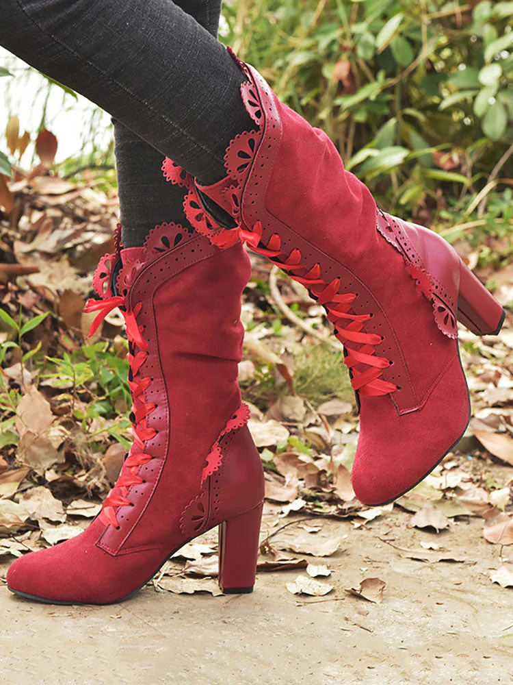 Chunky Heel Lace Up Mid Calf Boot - Image 11