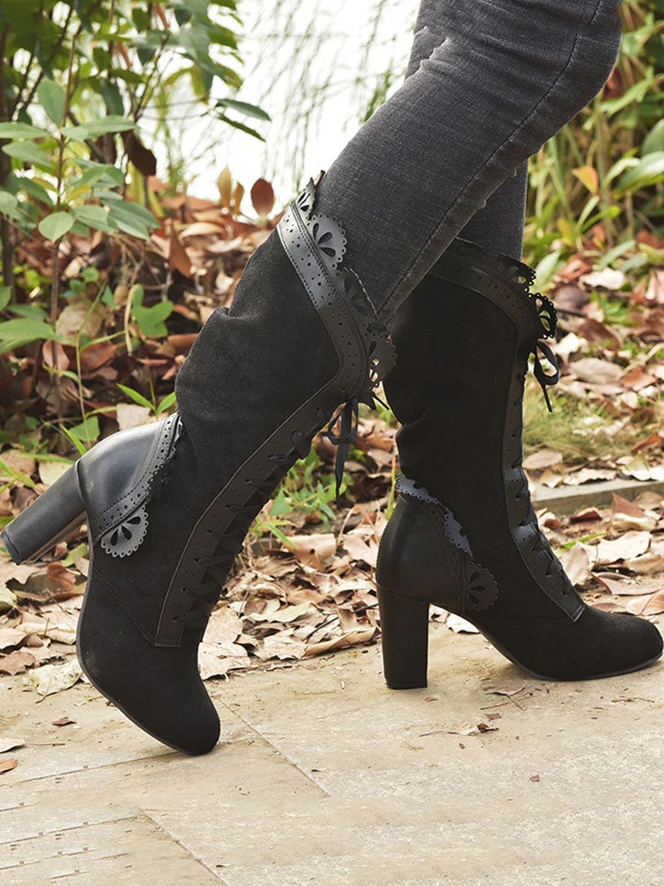 Chunky Heel Lace Up Mid Calf Boot - Image 2
