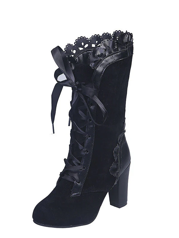 Chunky Heel Lace Up Mid Calf Boot - Image 5