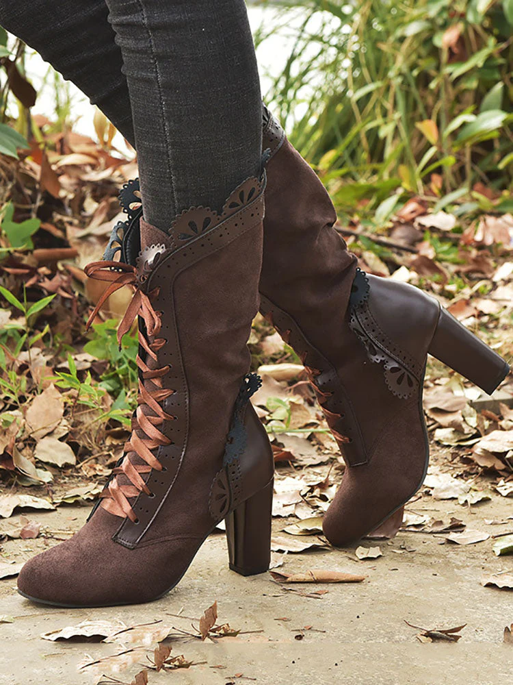 Chunky Heel Lace Up Mid Calf Boot - Image 6