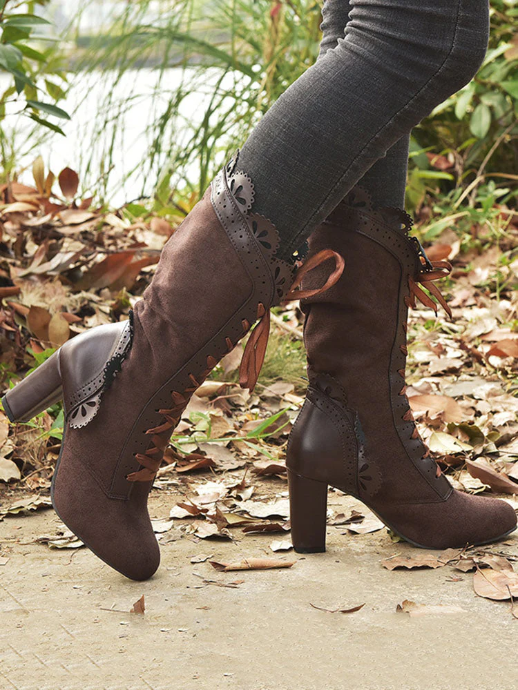 Chunky Heel Lace Up Mid Calf Boot - Image 7