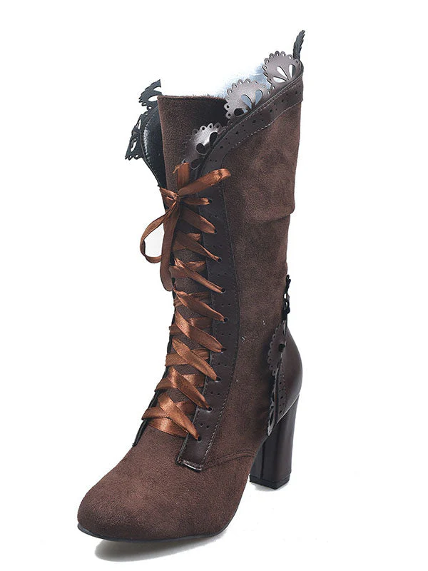 Chunky Heel Lace Up Mid Calf Boot - Image 9