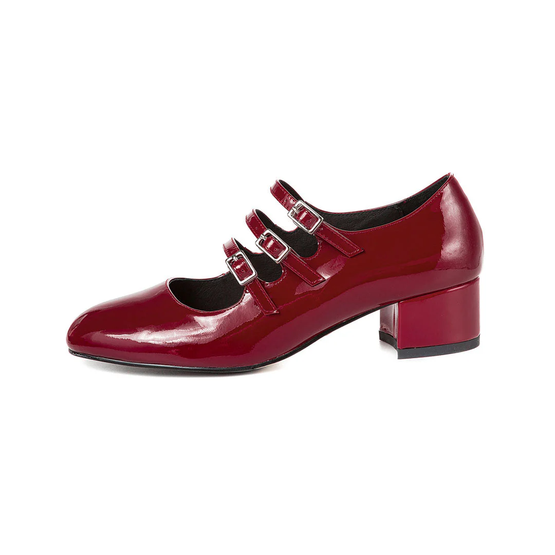 Buckle Strap Patent Leather Block Heel Mary Jane Pumps - Burgundy - Image 3