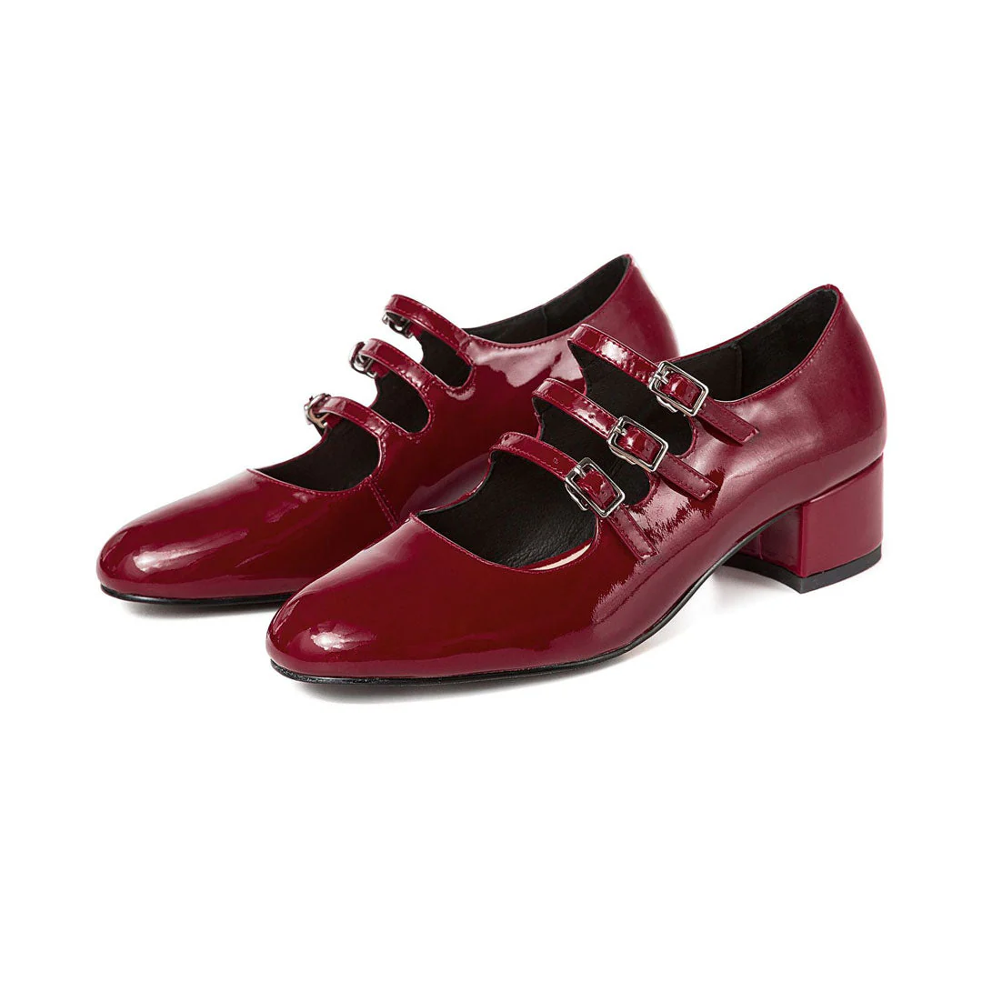 Buckle Strap Patent Leather Block Heel Mary Jane Pumps - Burgundy - Image 4