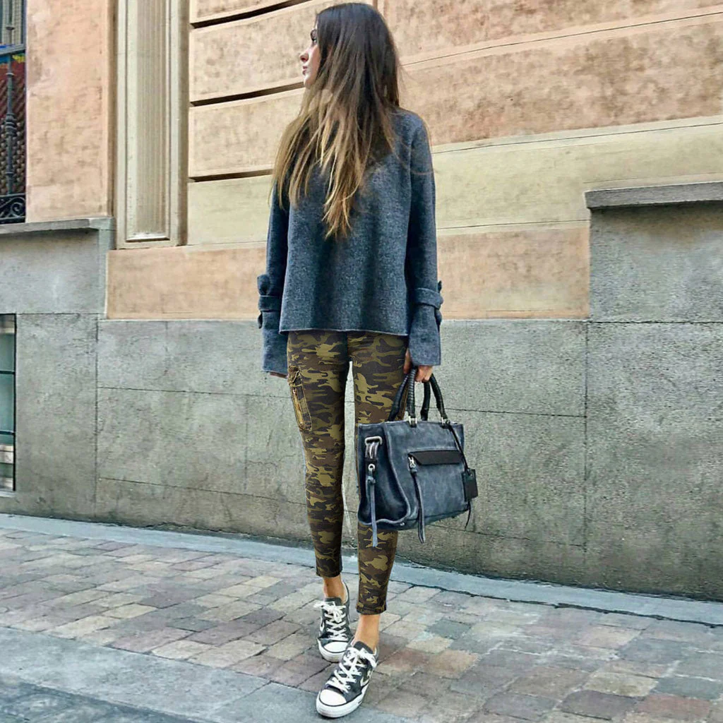 Camo Print Patch Pocket Mid Waist Skinny Jeans - Green - Image 3