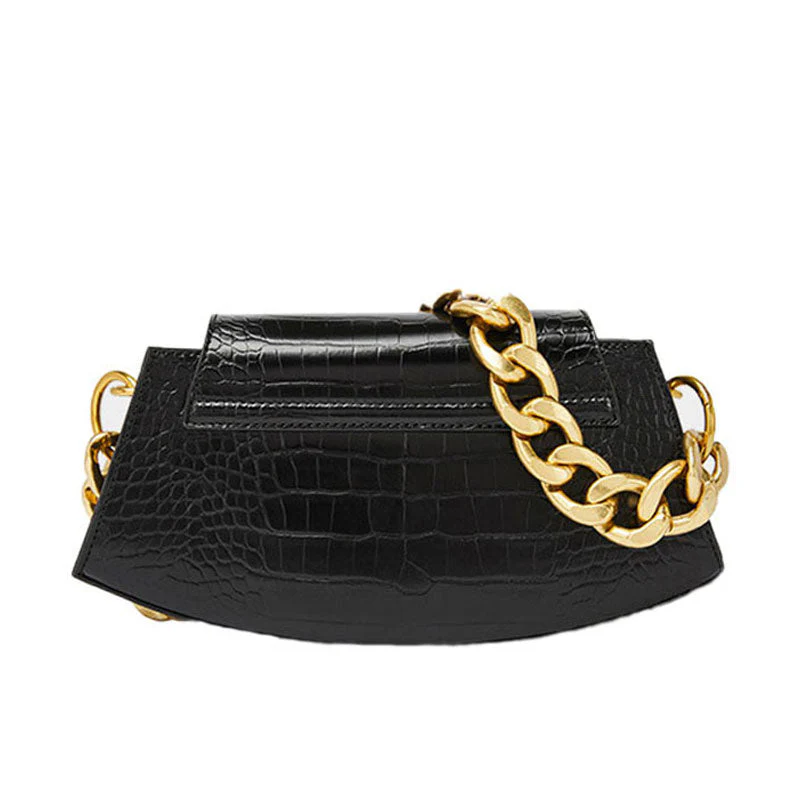 Gold Tone Chunky Chain Croco Embossed Shoulder Bag - Black - Image 2