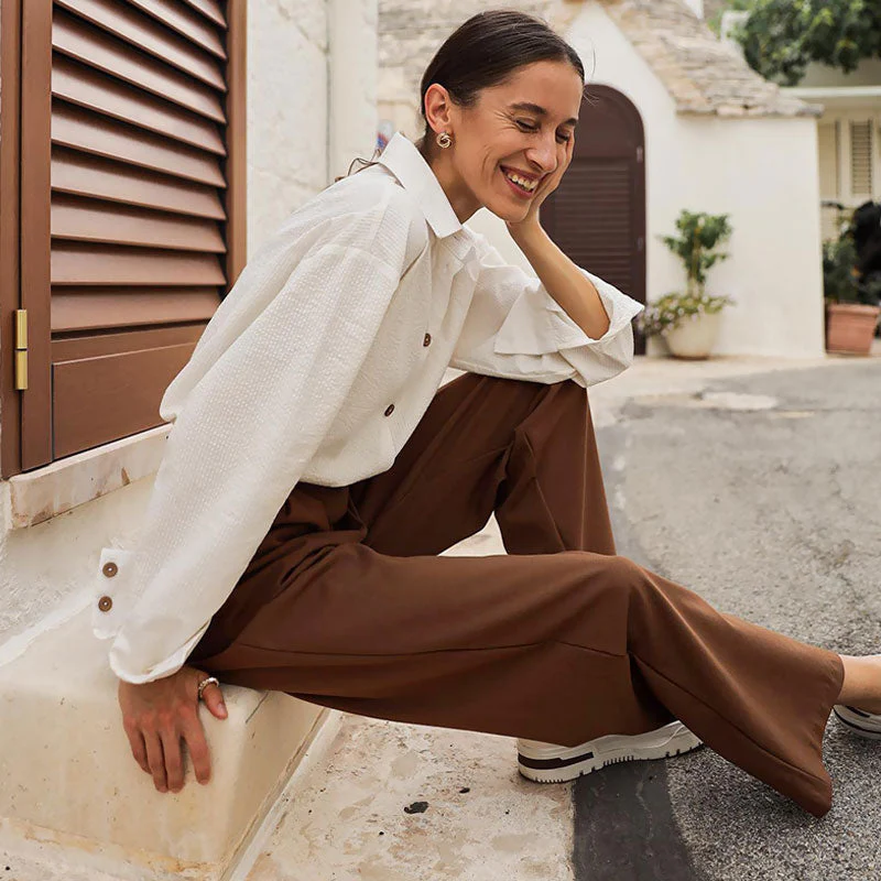 High Waist Straight Leg Slant Pocket Pleated Tailored Pants - Brown - Image 3