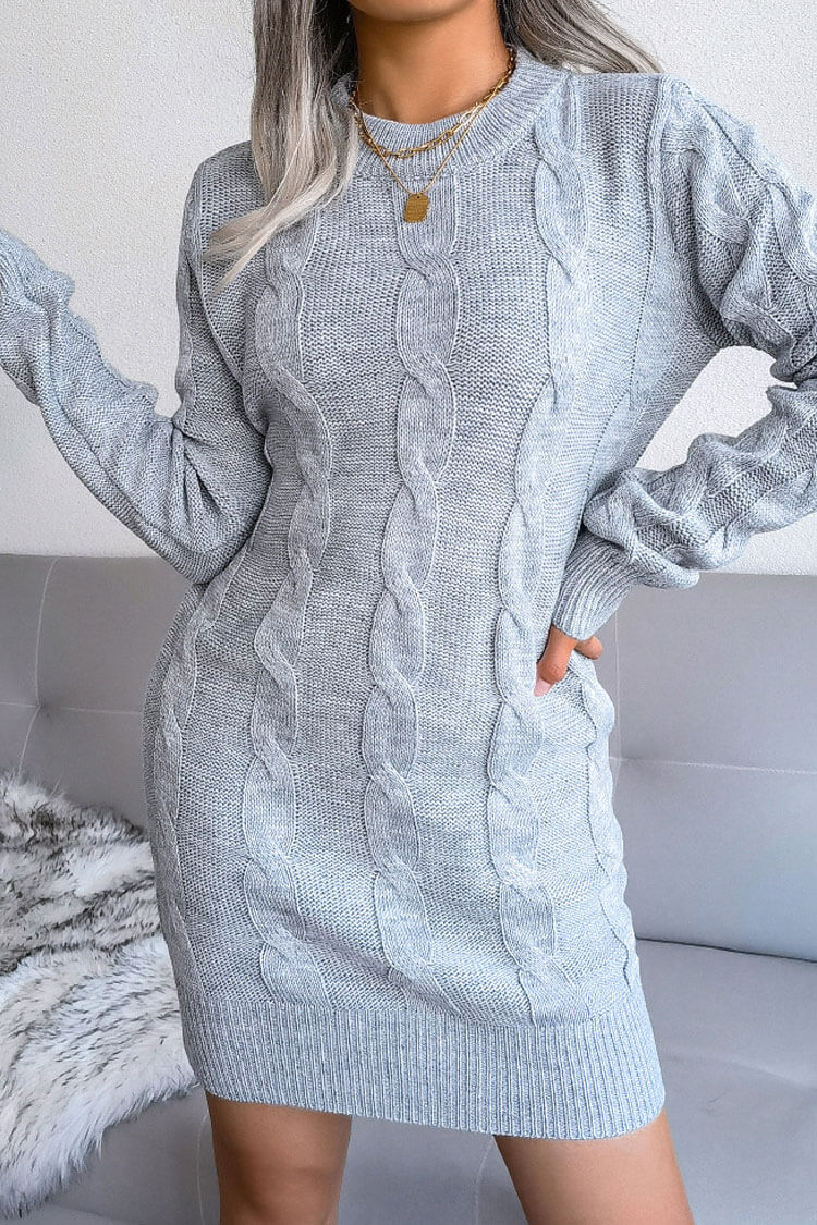 Classic Long Sleeve Winter Cable Knit Pullover Sweater Mini Dress - Gray - Image 2