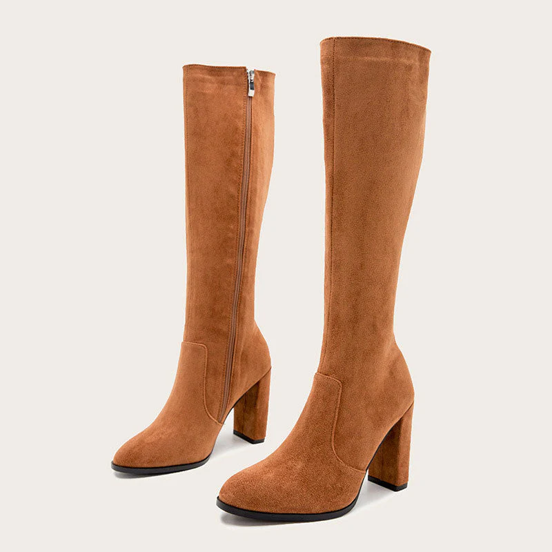 Pointed Toe Chunky High Heel Suede Knee High Boots - Brown - Image 4