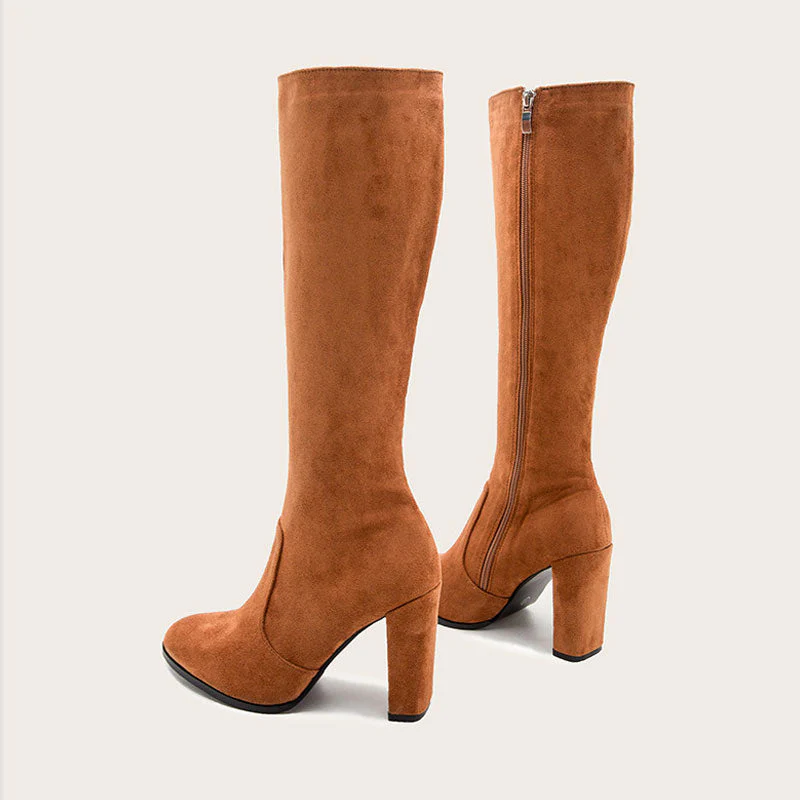 Pointed Toe Chunky High Heel Suede Knee High Boots - Brown - Image 5