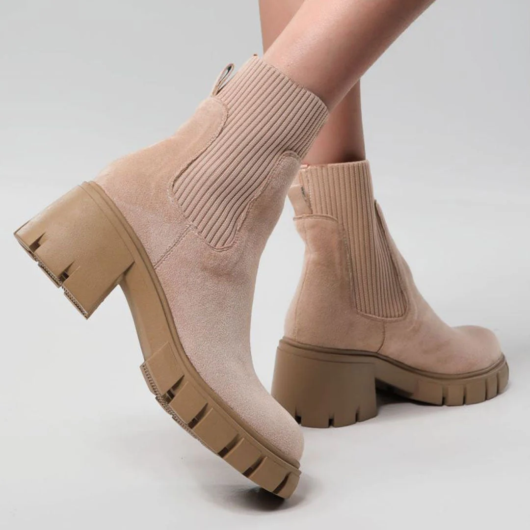 Round Toe Lug Sole Suede Knit Sock Ankle Boots - Apricot - Image 3