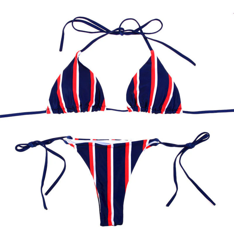 Striped Tie String Sliding Triangle Bikini Set - Dark Blue - Image 3