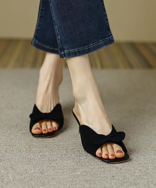 Classy Bow Splicing High Heel Blue Suede Slide Sandals - Image 2
