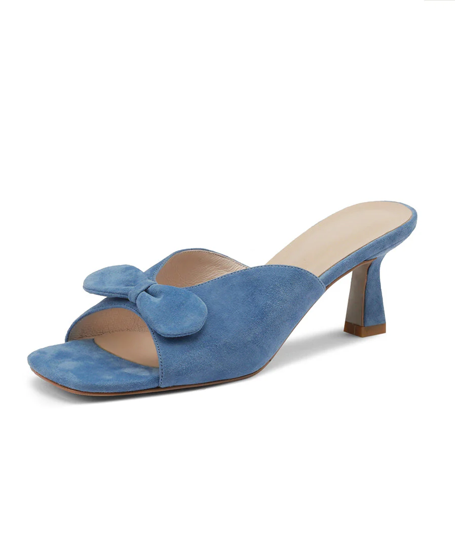 Classy Bow Splicing High Heel Blue Suede Slide Sandals - Image 5