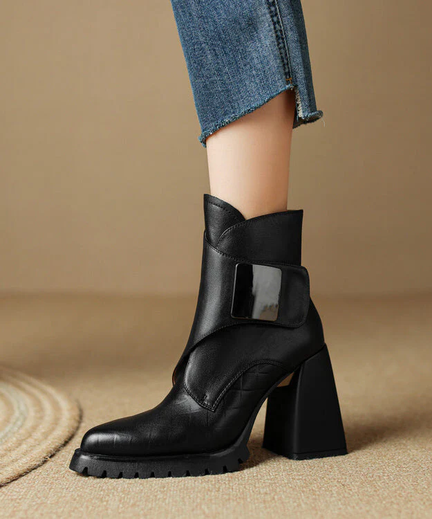Classy Brown Cowhide Leather Chunky Heel Splicing Boots Pointed Toe - Image 3