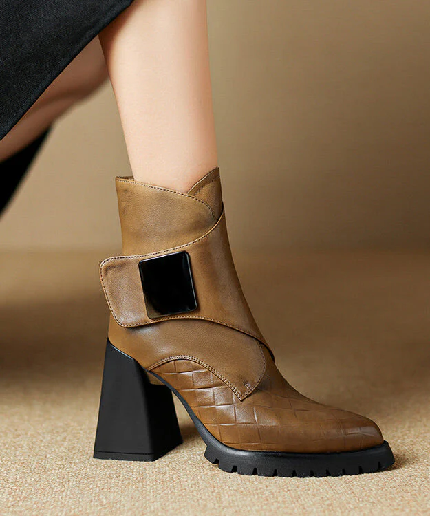 Classy Brown Cowhide Leather Chunky Heel Splicing Boots Pointed Toe - Image 4