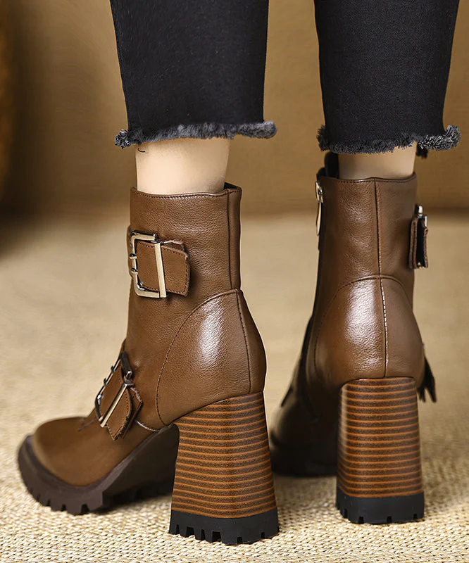 Classy Cowhide Leather Splicing Zippered Chunky Heel Boots Pointed Toe - Image 5