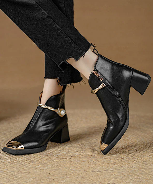 Classy Splicing Chunky Heel Ankle Boots Black Cowhide Leather - Image 5