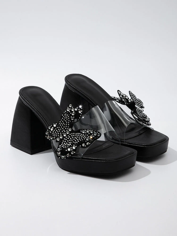 Clear Rhinestone Butterfly Chunky Heels - Image 6
