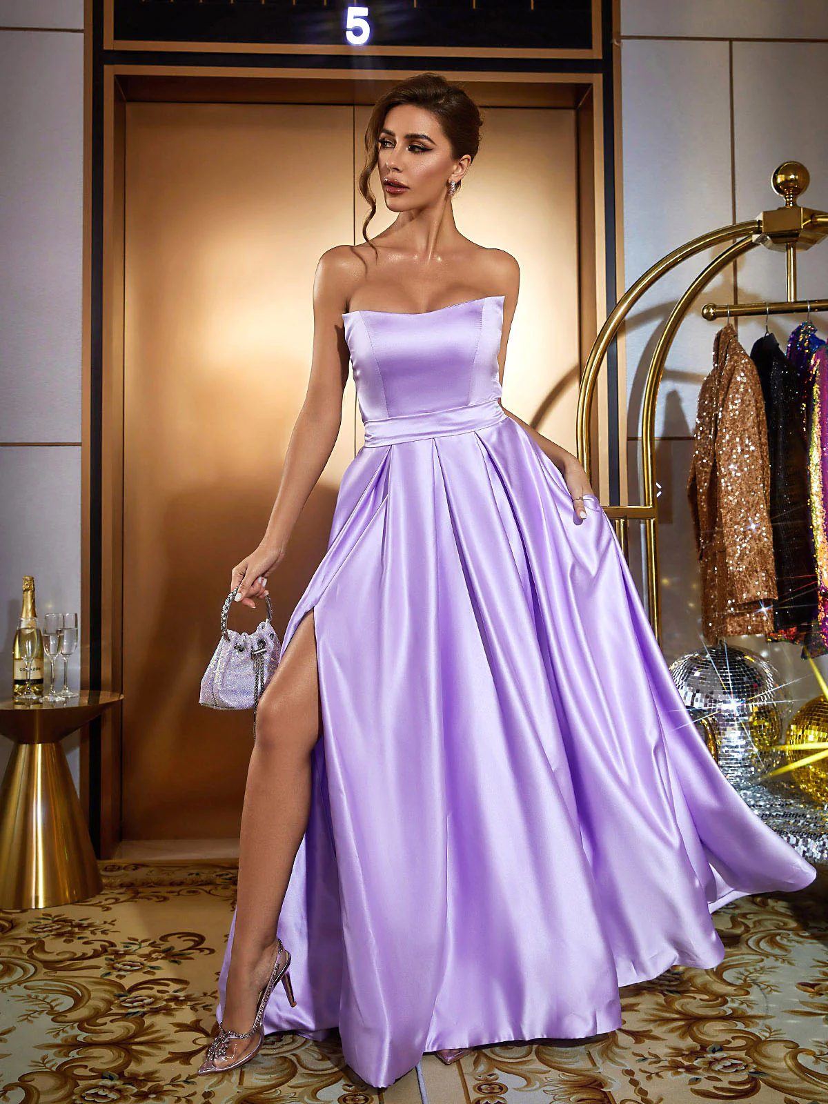 Coen Satin Strapless Maxi Dress In Purple - Image 3