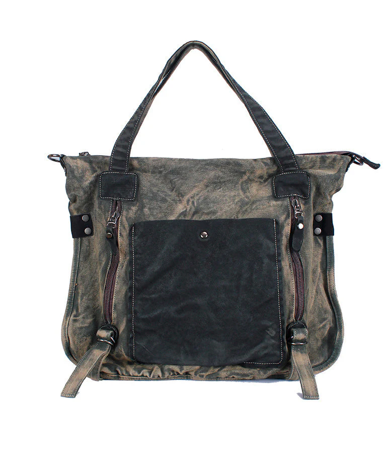 Coffee Large Capacity Cowhide Spliced Canvas Satchel Bag Handbag - Image 5