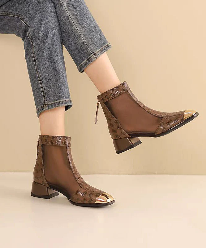 Coffee Tulle Splicing Chunky Heel Sandals Boots - Image 2