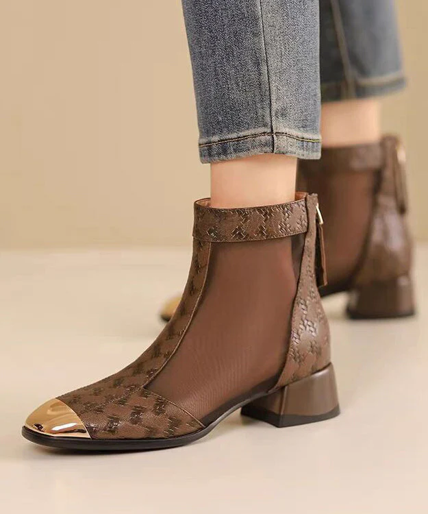 Coffee Tulle Splicing Chunky Heel Sandals Boots - Image 5