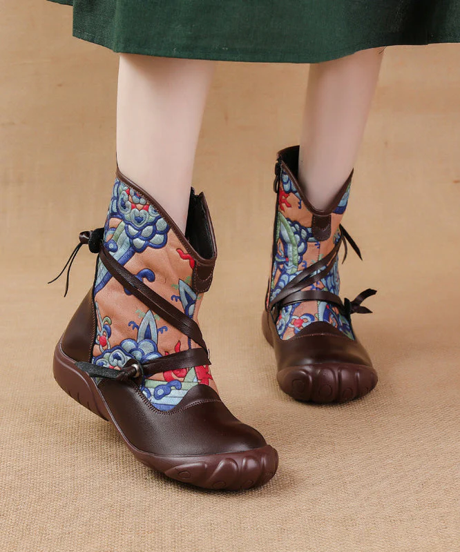 Comfortable Splicing Boots Black Retro Print Cowhide Leather - Image 2