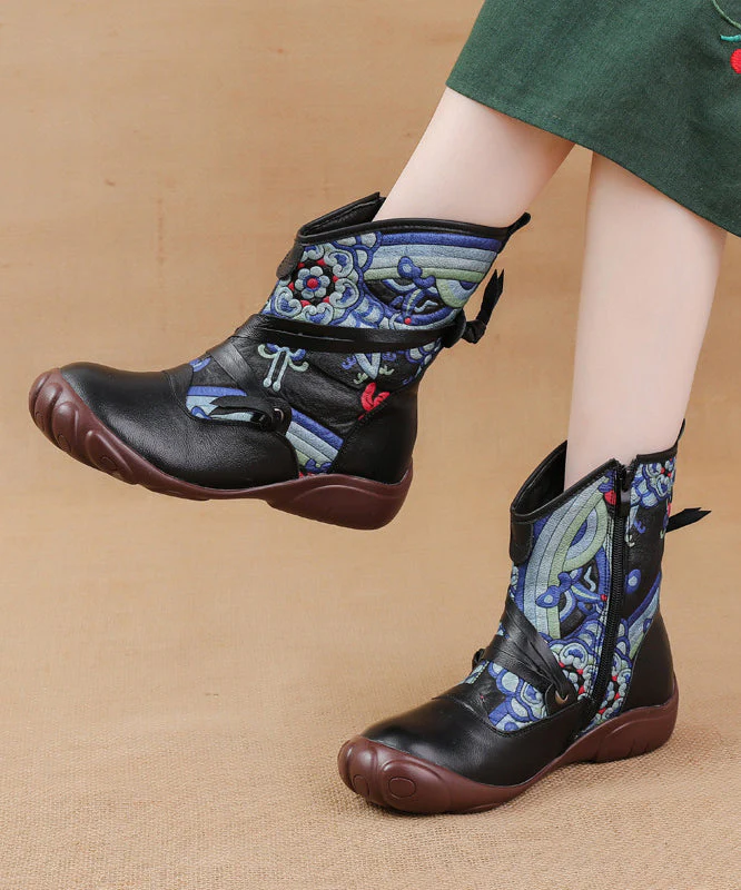 Comfortable Splicing Boots Black Retro Print Cowhide Leather - Image 3