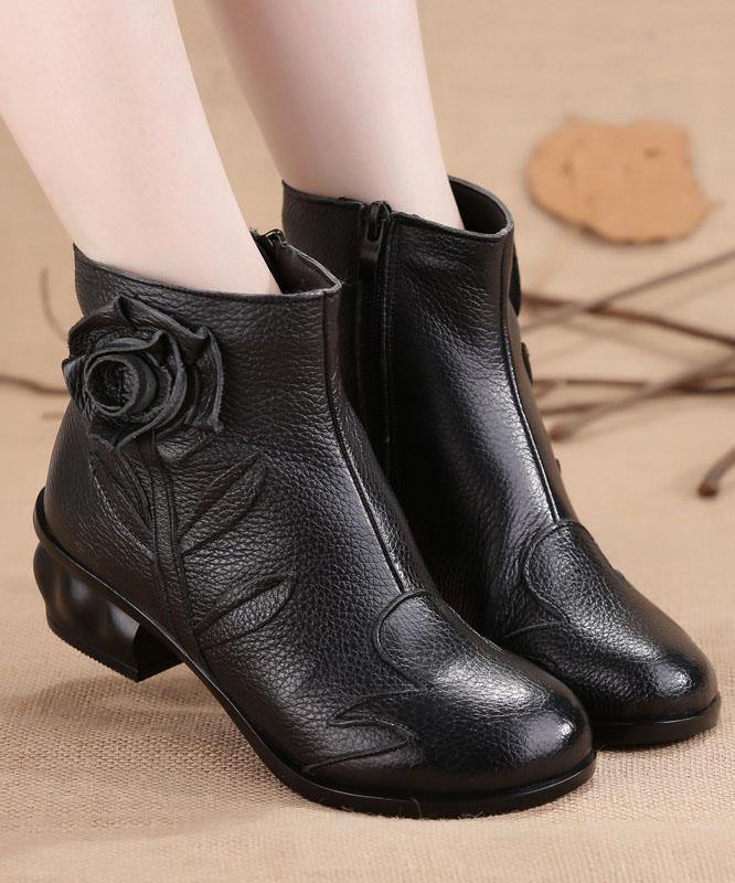 Comfortable Splicing Chunky Boots Black Cowhide Leather - Image 3