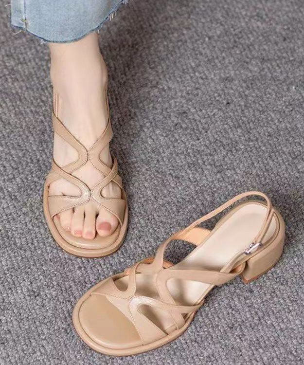 Comfy Chunky Heel Sandals Beige Genuine Leather Hollow Out Peep Toe - Image 2