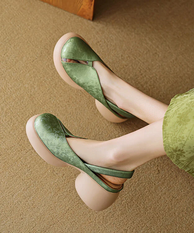 Comfy Hollow Leather Cowhide Chunky Out Splicing Green Sandals - Image 3