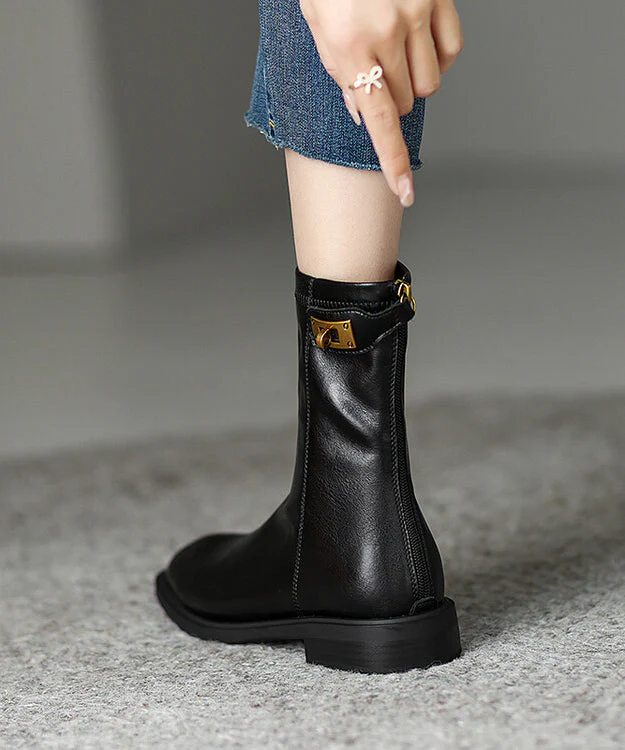Comfy Splicing Chunky Boots Black Cowhide Leather - Image 5