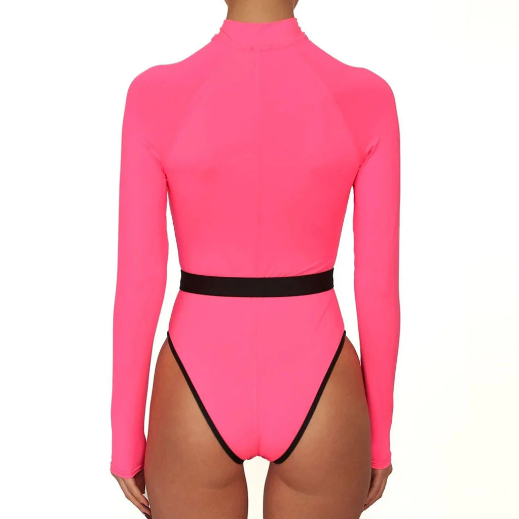 Long Sleeve Rash Guard One Piece Swimsuit - Neon Pink - Image 3