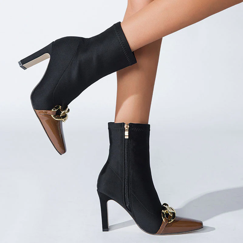 Metal Chain Pointed Toe High Heel Sock Ankle Boots - Chocolate - Image 2