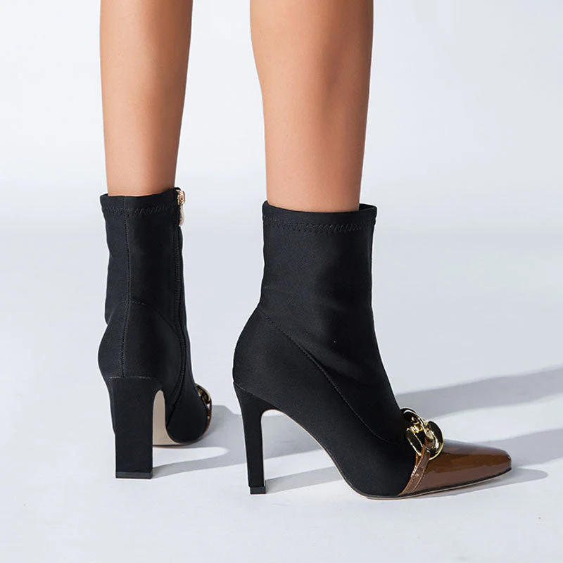 Metal Chain Pointed Toe High Heel Sock Ankle Boots - Chocolate - Image 3