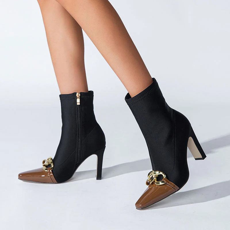 Metal Chain Pointed Toe High Heel Sock Ankle Boots - Chocolate - Image 4