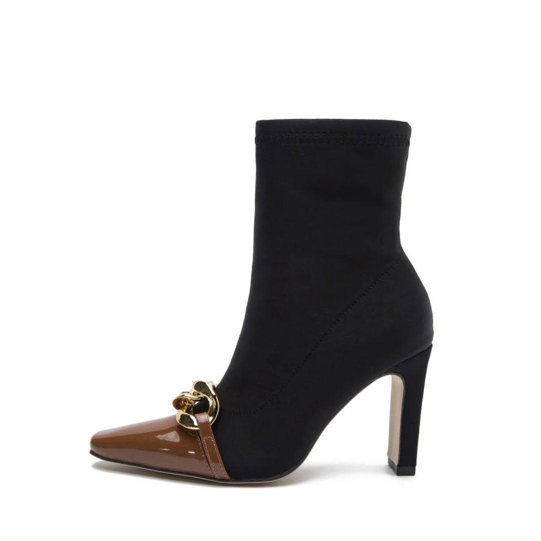 Metal Chain Pointed Toe High Heel Sock Ankle Boots - Chocolate - Image 5