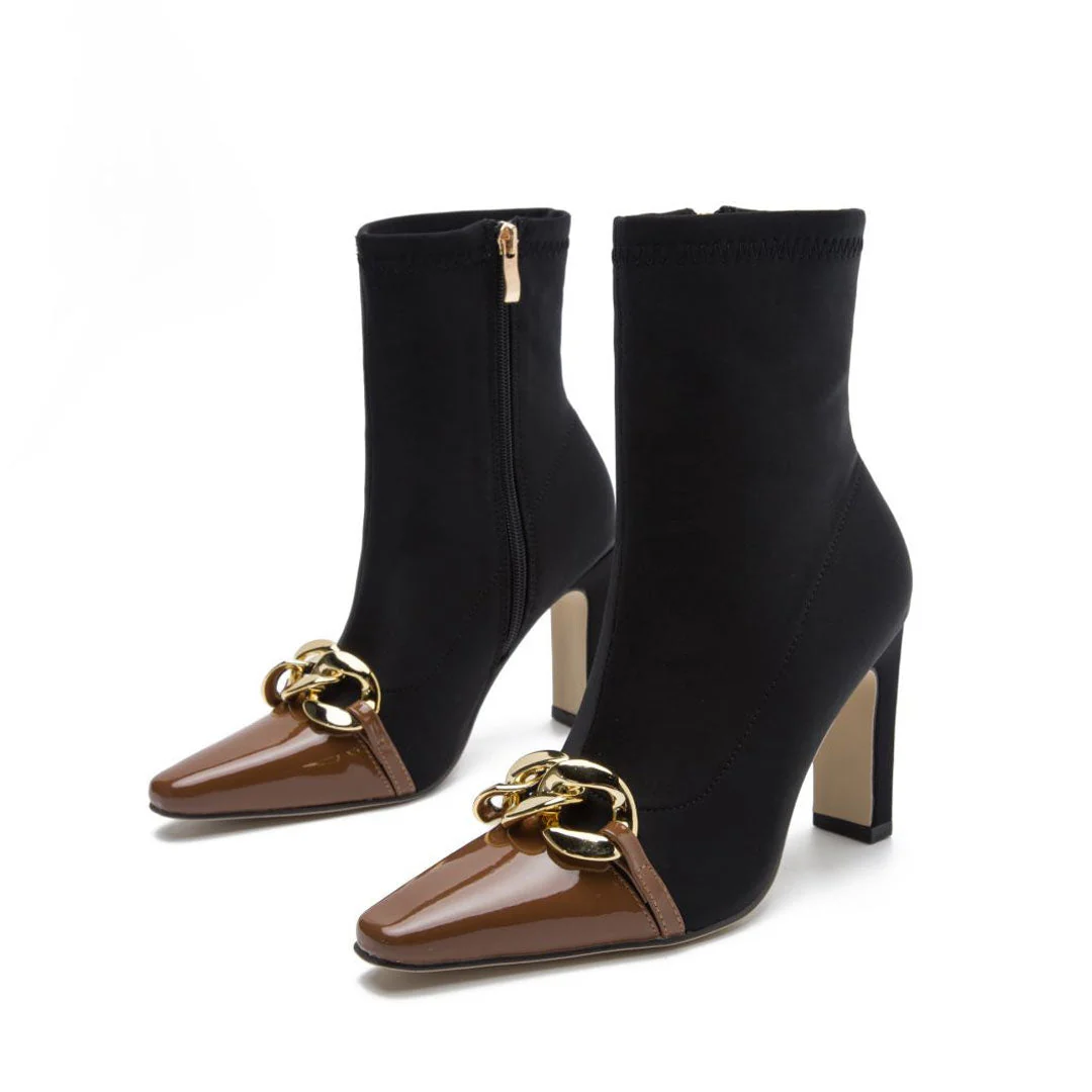 Metal Chain Pointed Toe High Heel Sock Ankle Boots - Chocolate - Image 6