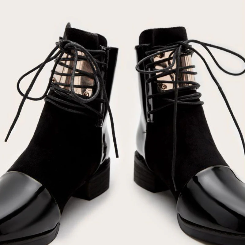 Panel Metal Trim Lace Up Ankle Boots - Black - Image 4