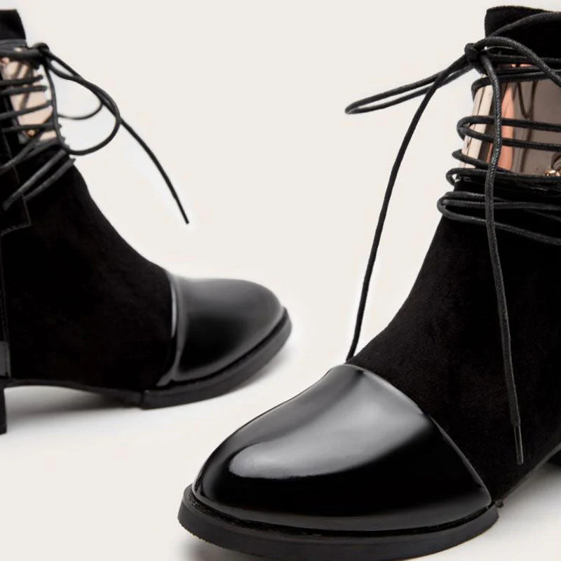 Panel Metal Trim Lace Up Ankle Boots - Black - Image 6