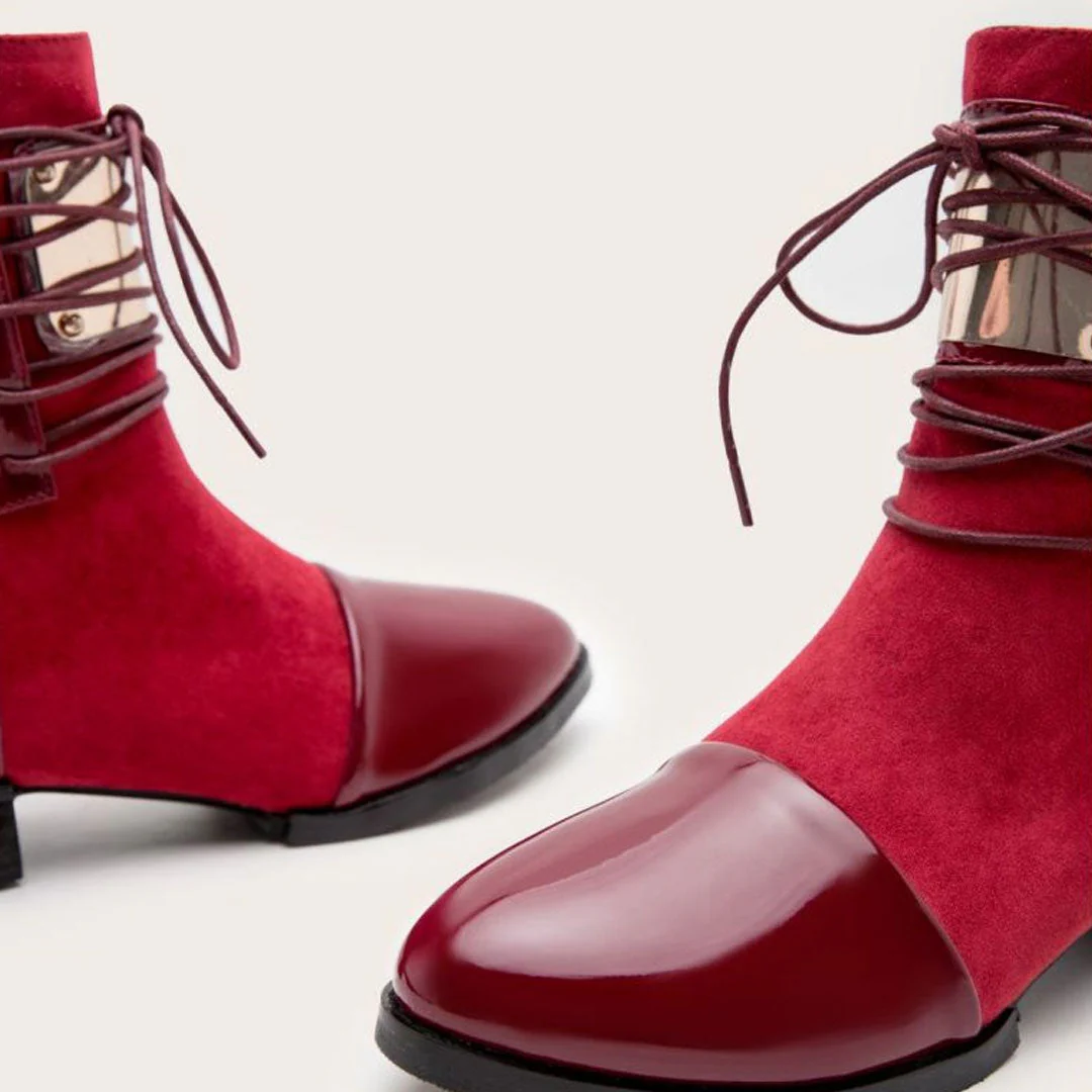 Panel Metal Trim Lace Up Ankle Boots - Red - Image 6