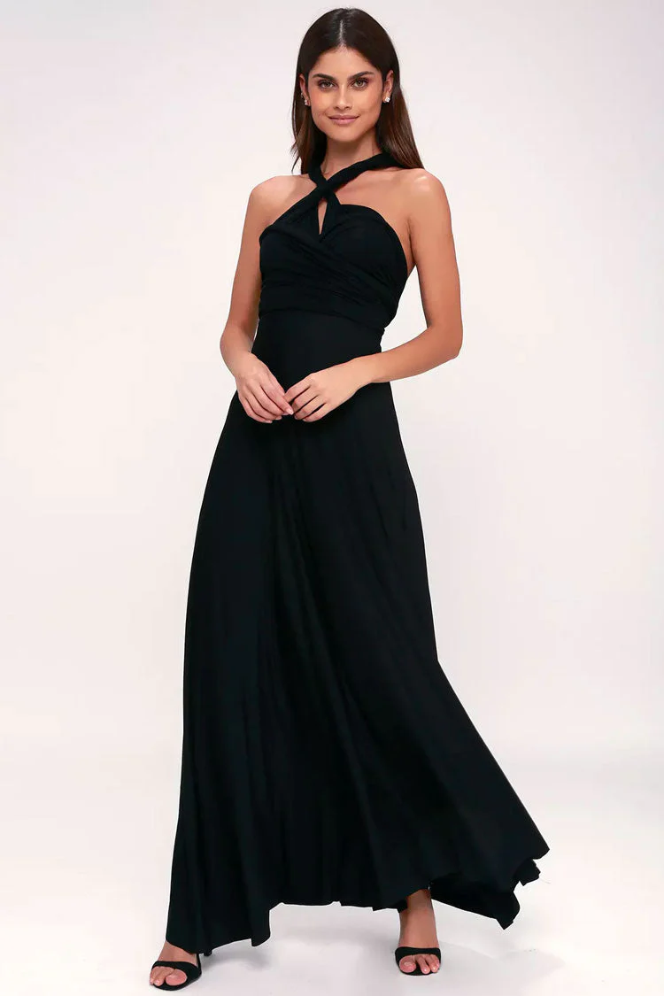 Convertible High Waist A-Line Infinity Maxi Bridesmaid Dress - Black - Image 2