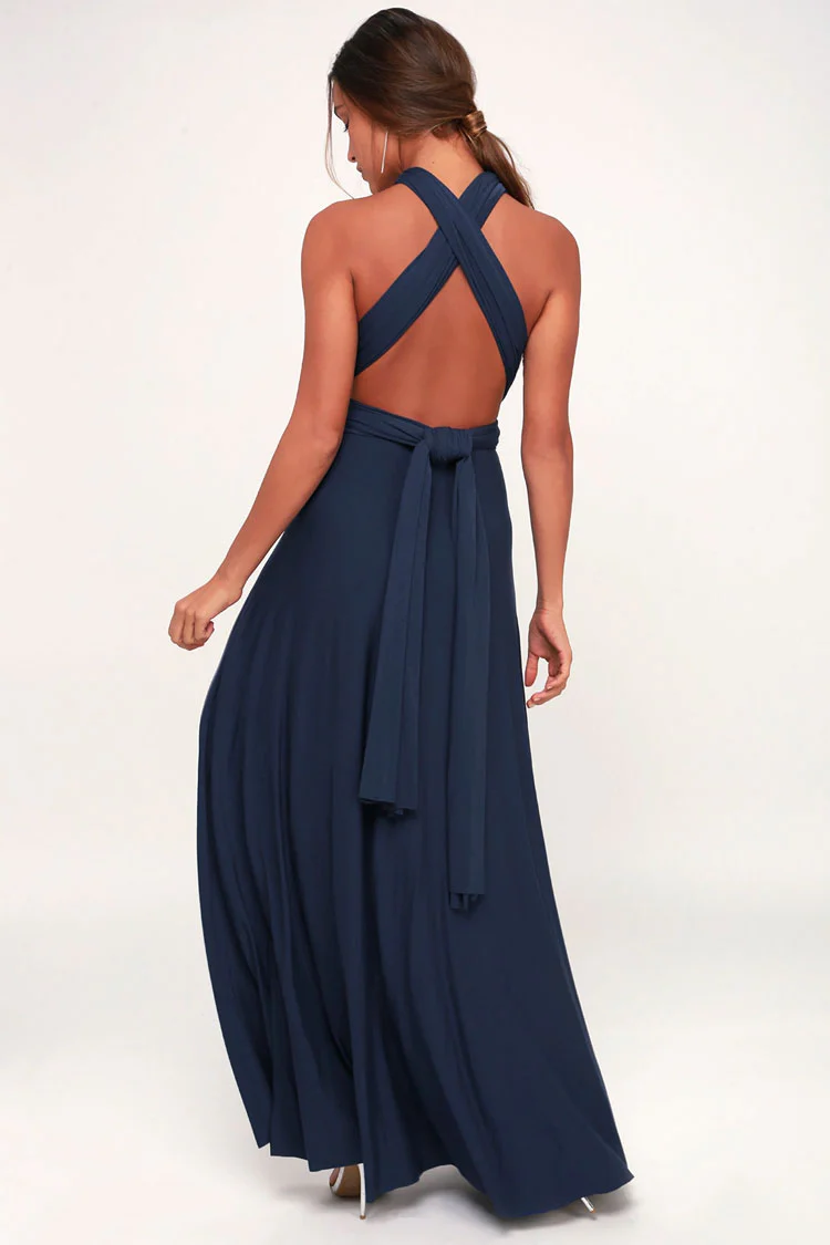 Convertible High Waist A-Line Infinity Maxi Bridesmaid Dress - Navy Blue - Image 4