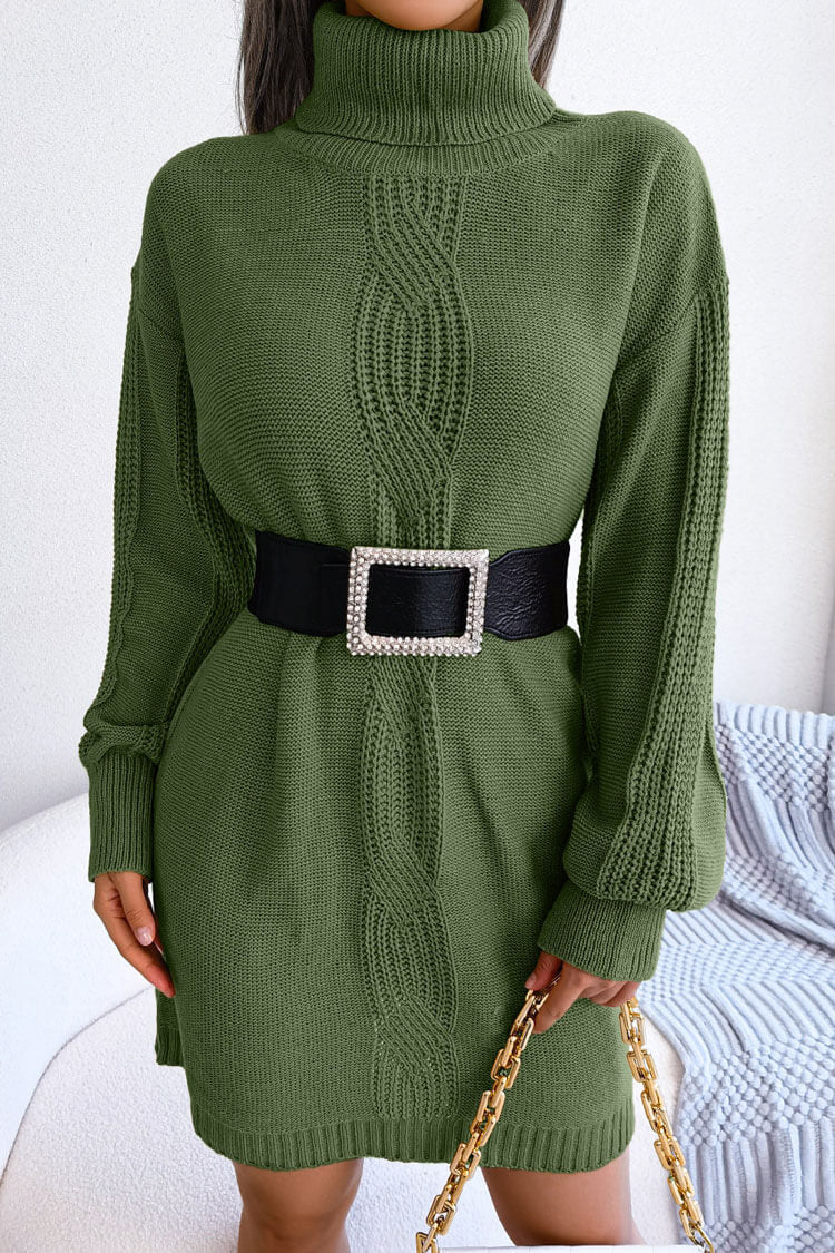 Cosy Winter Turtleneck Pullover Cable Knit Sweater Mini Dress - Army Green - Image 3