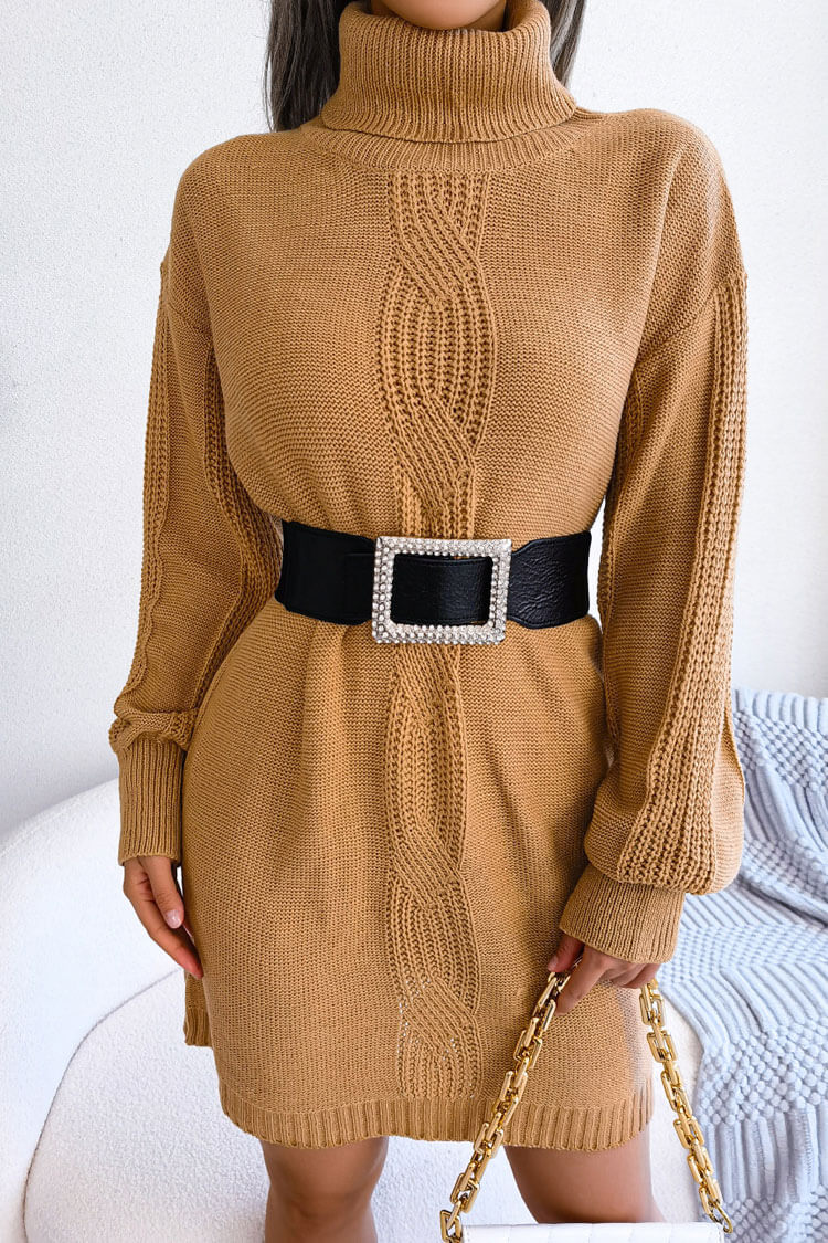 Cosy Winter Turtleneck Pullover Cable Knit Sweater Mini Dress - Khaki - Image 3